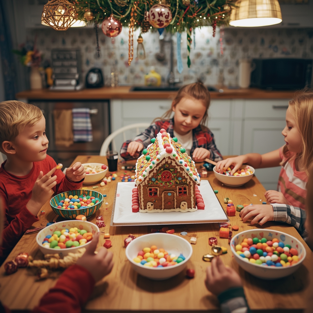 Casa de Pan de Jengibre: Receta Tradicional para una Navidad Mágica | Bona Sanitas 4 Niños decorando una casa de pan de jengibre en una mesa de cocina, con tazones de caramelos coloridos, glaseado real y alegres decoraciones navideñas a su alrededor