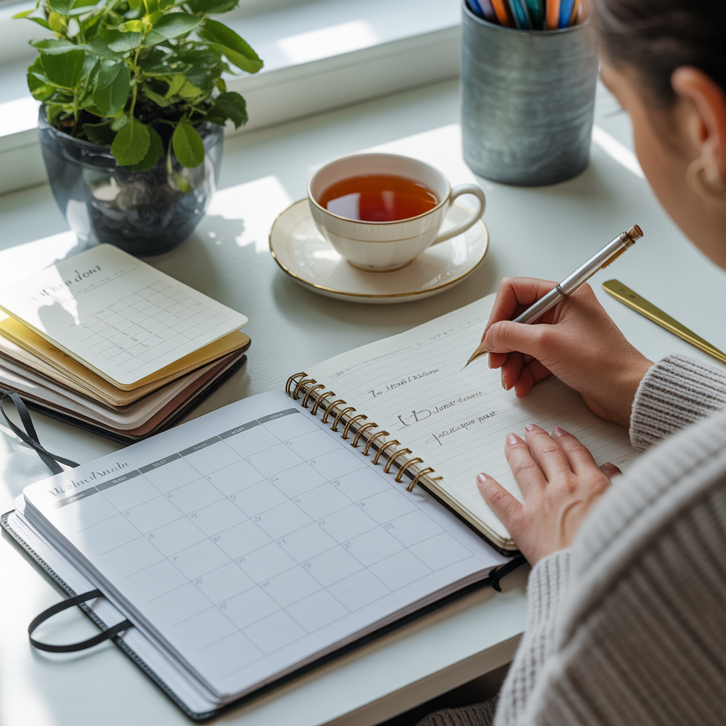 Person writing in a notebook at a desk with a cup of tea, planning their health goals for the new year with a calendar and wellness journal open beside them