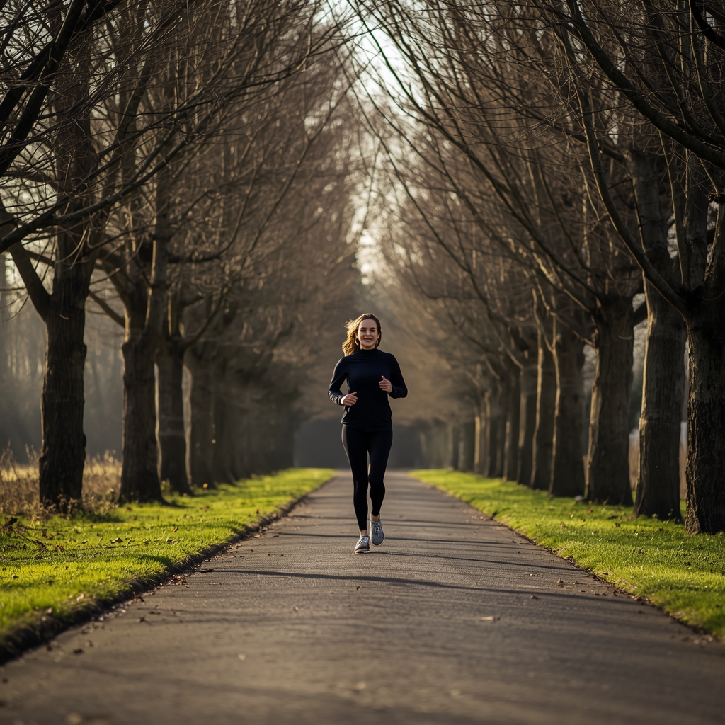 Person exercising outdoors in morning light, jogging on a tree-lined path in January, representing the sustainable start of a new health habit